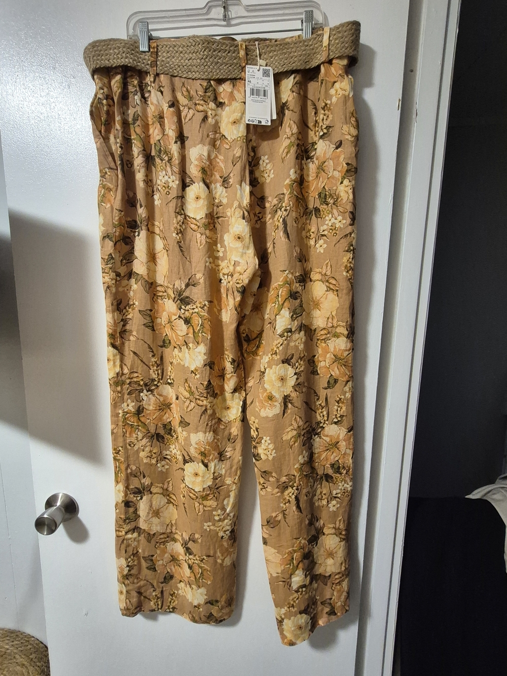 Mango Floral Wide-Leg Linen Pants with Woven Belt Size 46 - Picture 5 of 10
